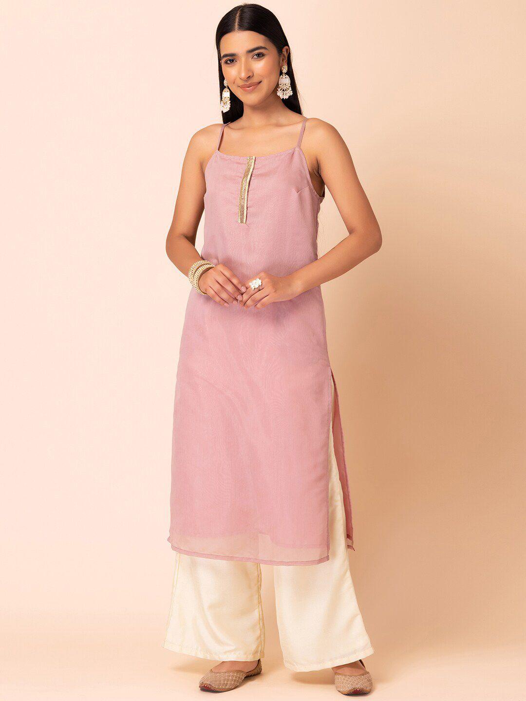 indya women pink striped chanderi silk kurta