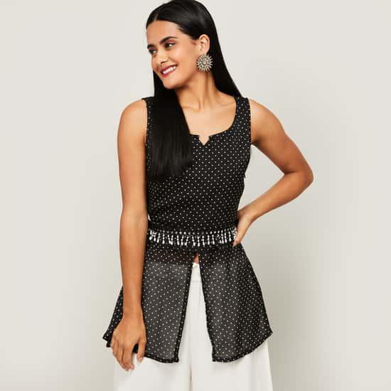 indya women polka dot printed front slit tunic