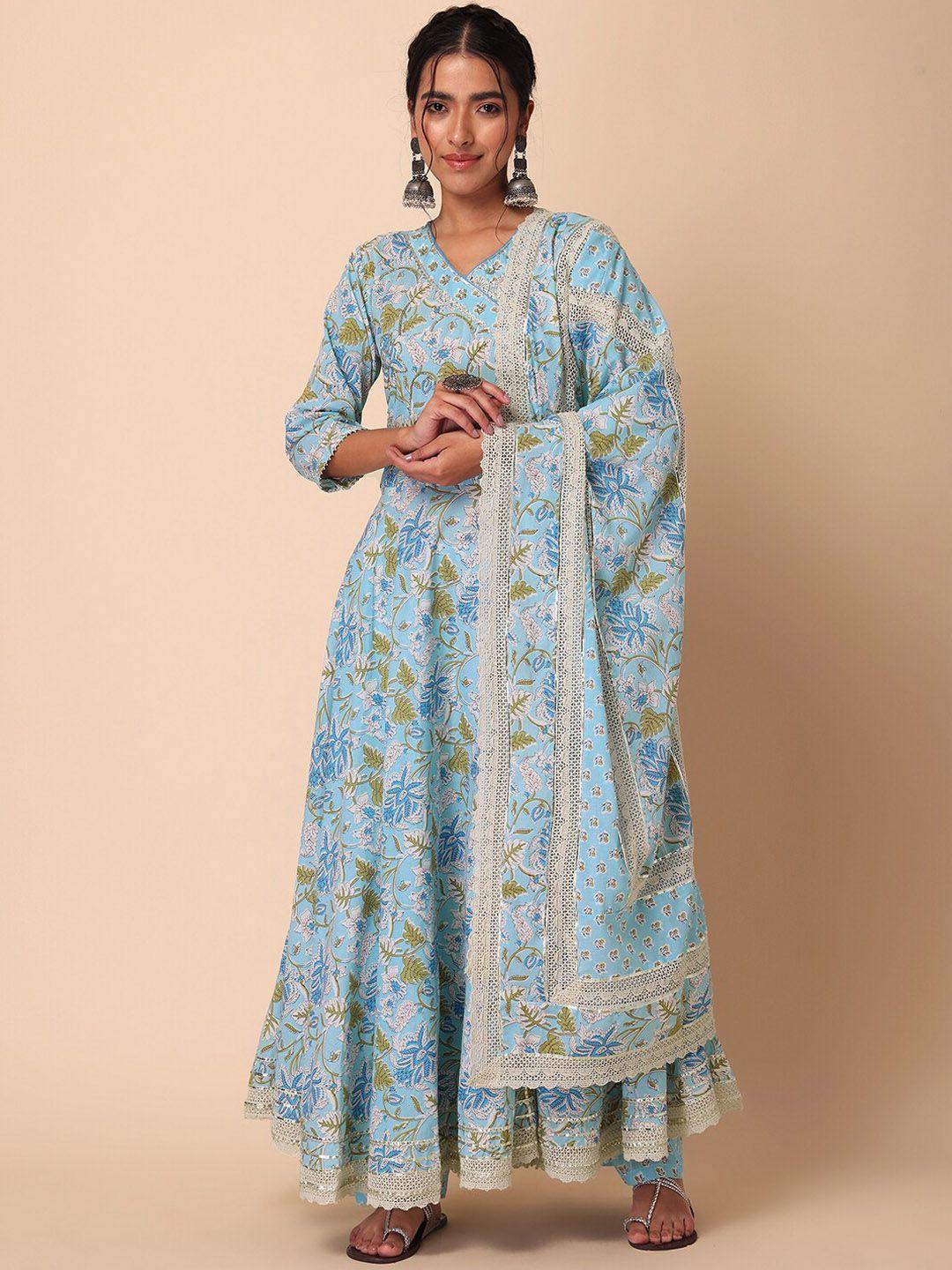 indya women printed & embroidered pure cotton anarkali kurta & trouser with dupatta