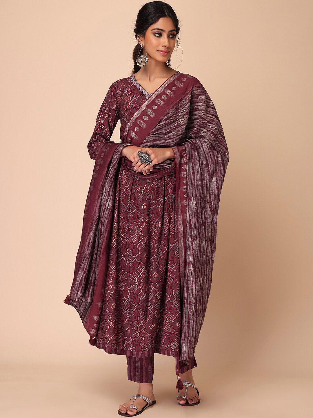 indya women printed a-line pure cotton kurta with trouser & dupatta