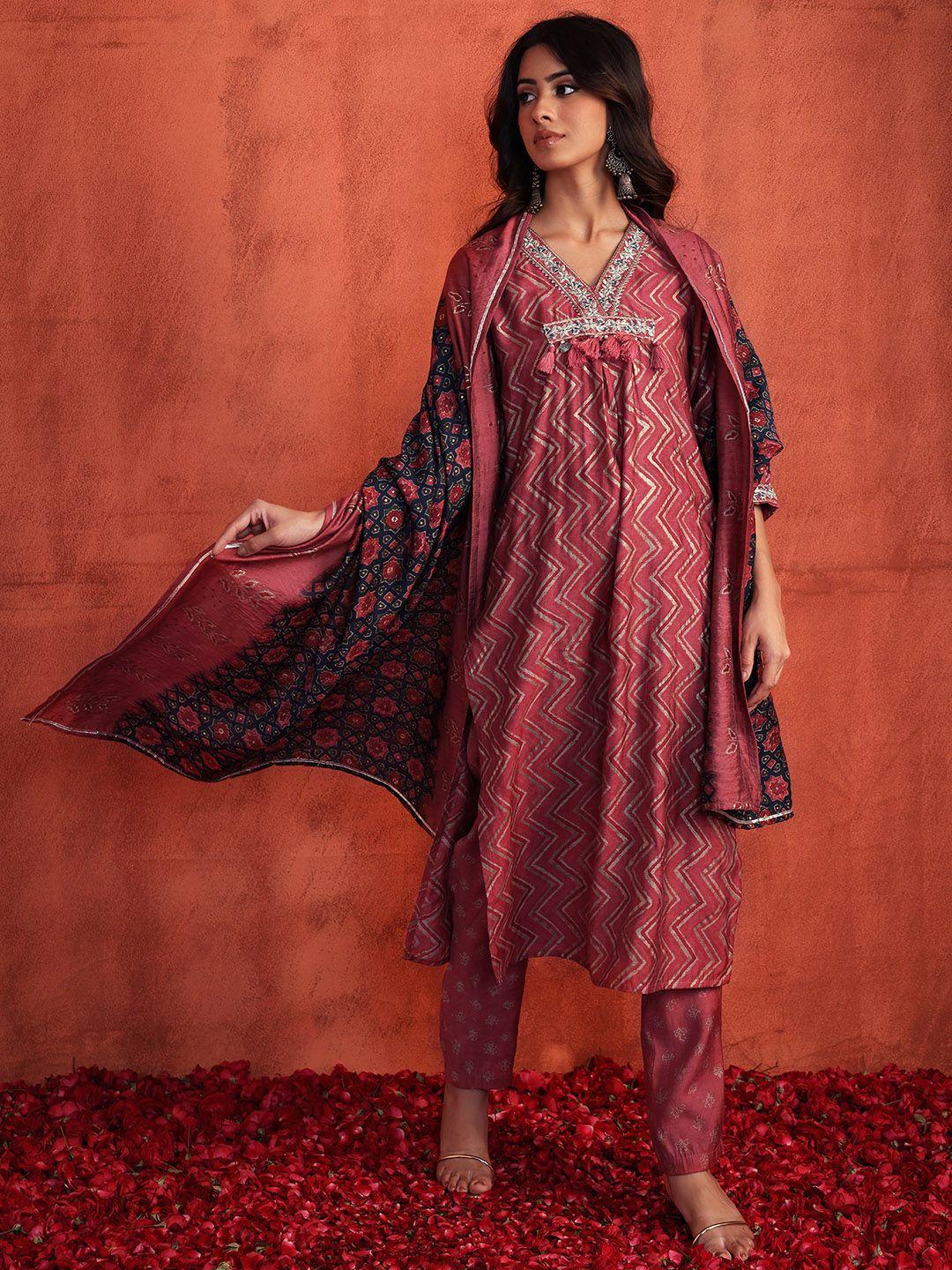 indya women printed empire gotta patti kurta with trousers & with dupatta