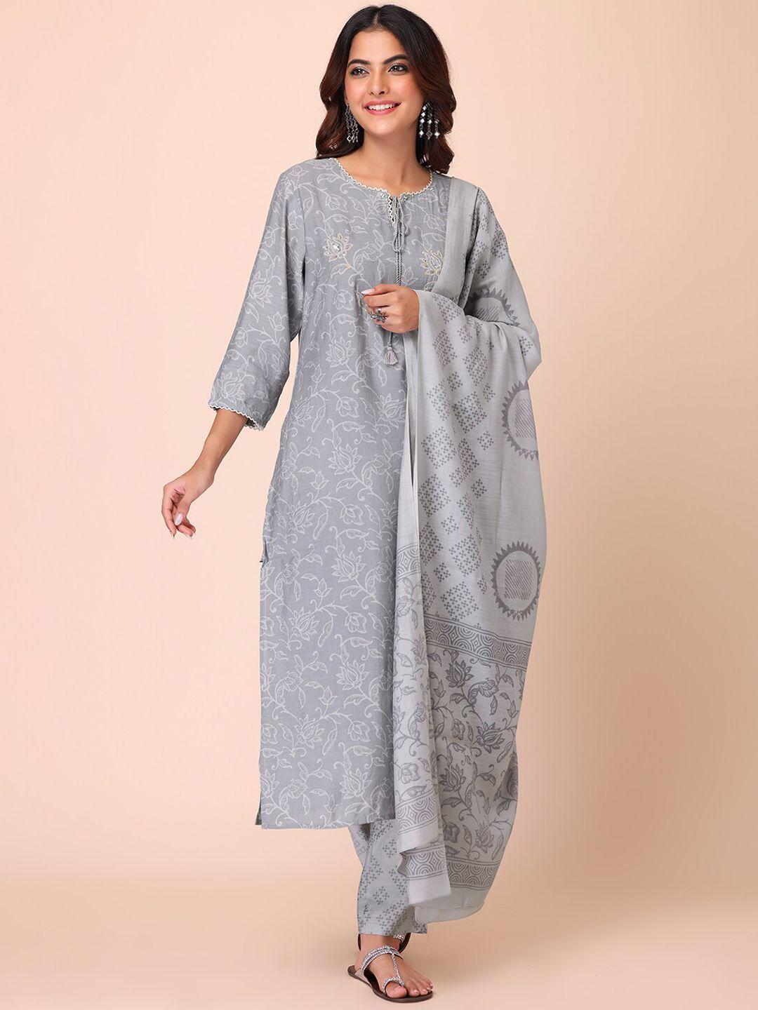 indya women printed kurta with trousers & dupatta