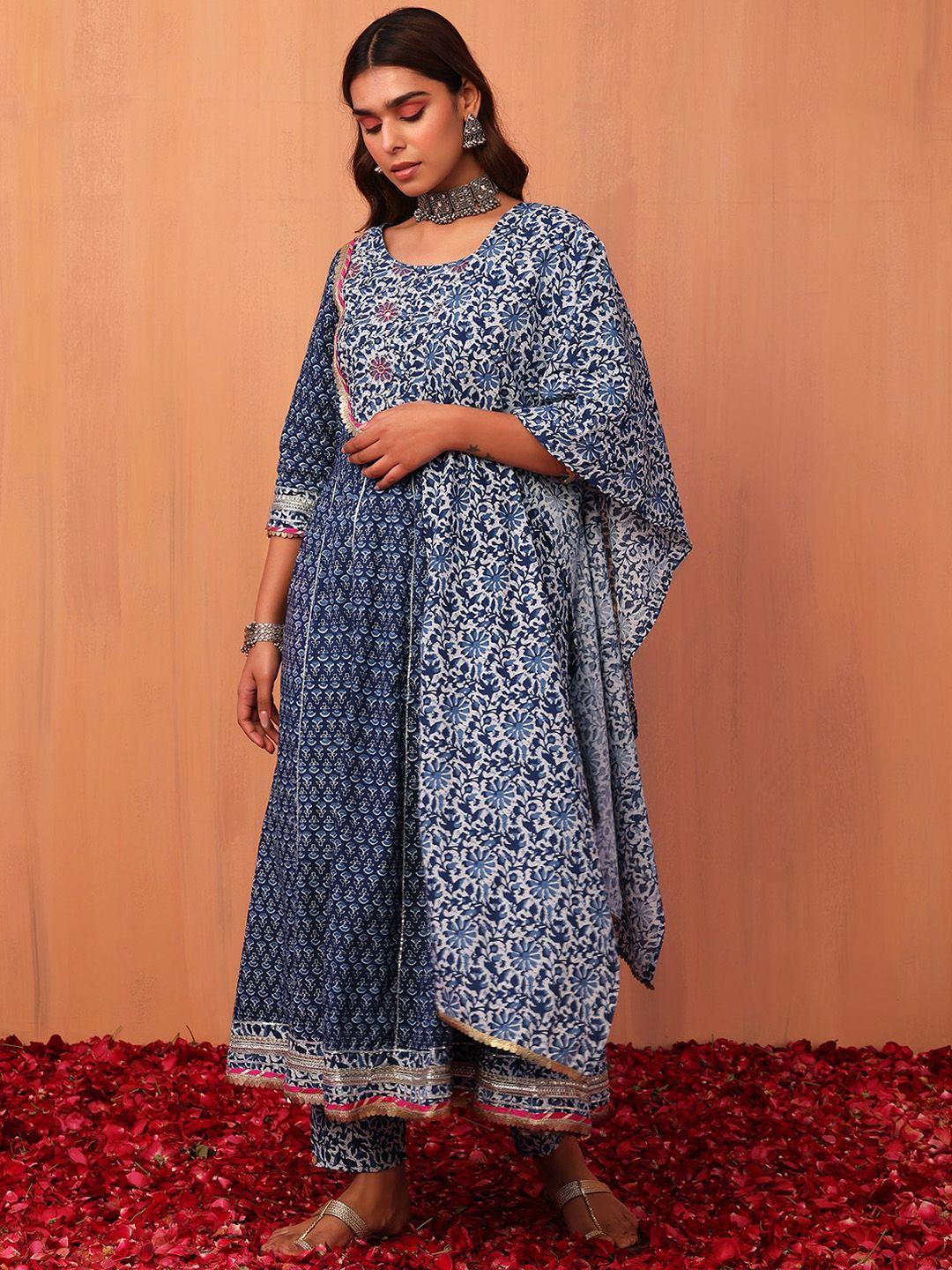 indya women printed pure cotton anarkali kurta with trouser & dupatta