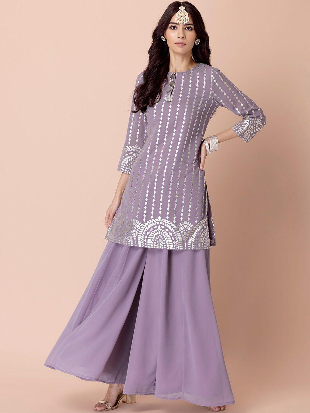 indya women printed round neck kurta with palazzos