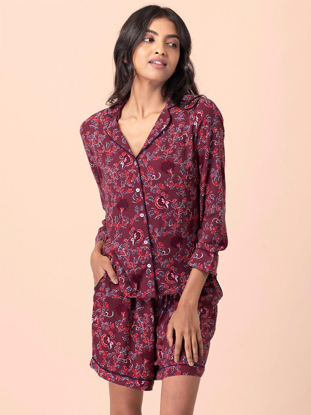 indya women printed shirt and shorts night suit set