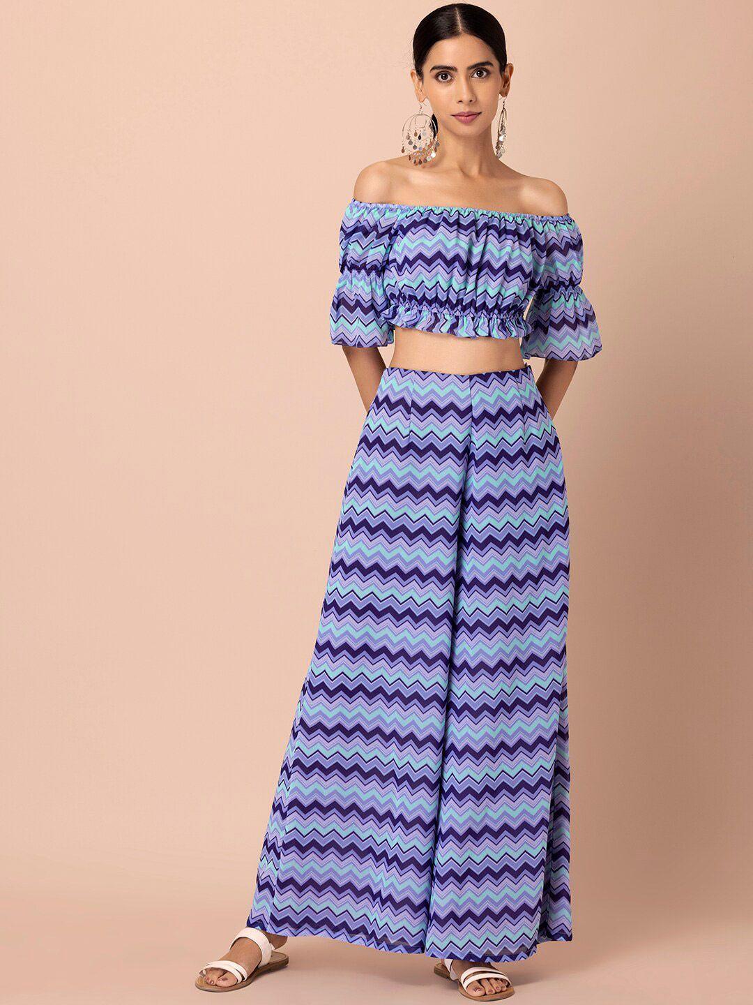 indya women purple & blue printed off shoulder crop top with palazzos