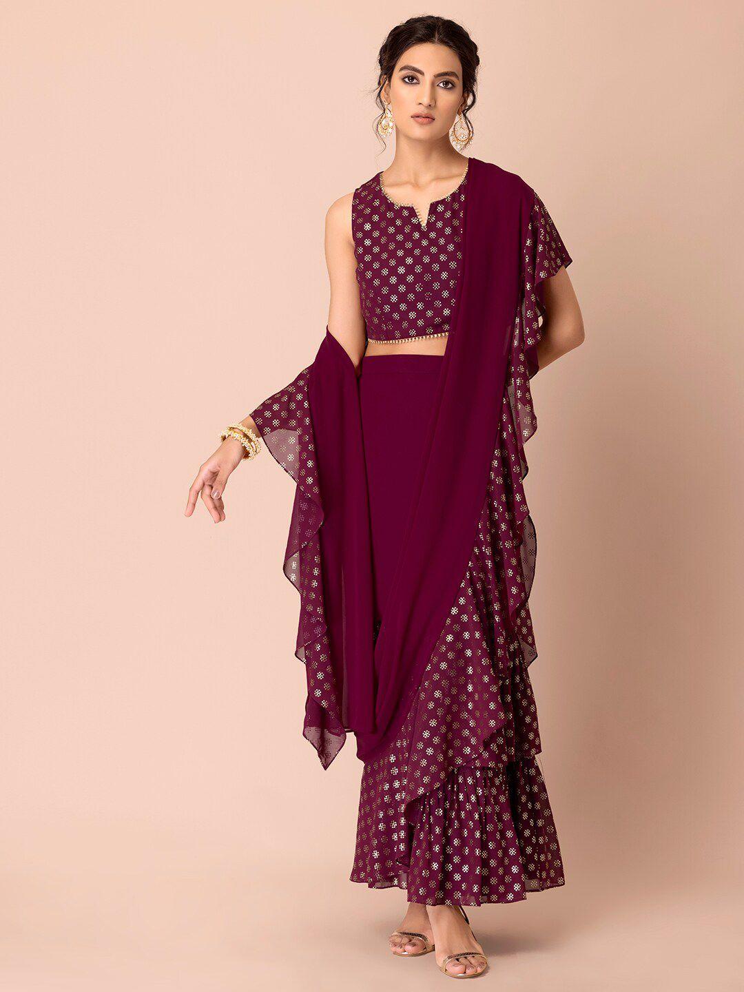 indya women purple & gold-toned ethnic motifs ruffled pre draped saree