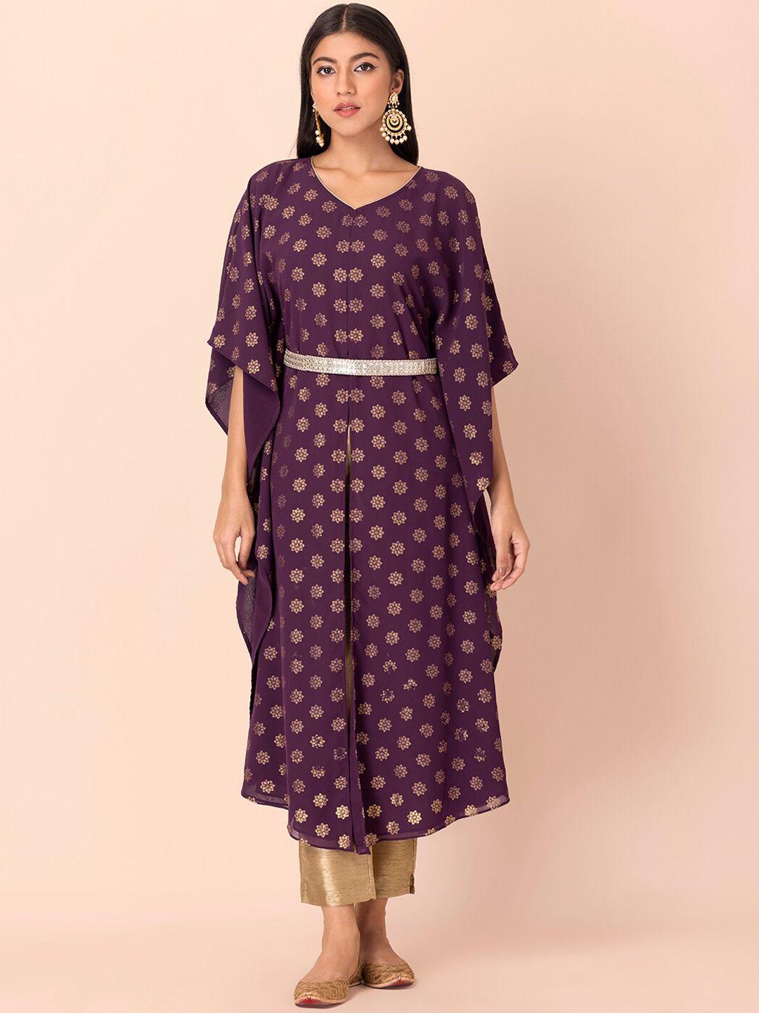 indya women purple & golden ethnic motifs printed flared sleeves georgette kaftan kurta