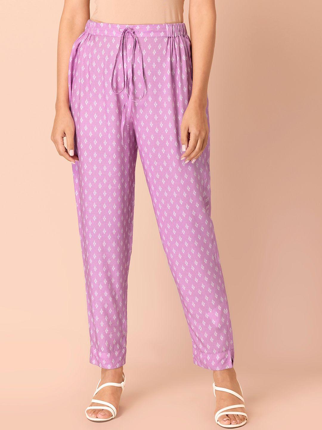 indya women purple & white ethnic motifs printed trousers