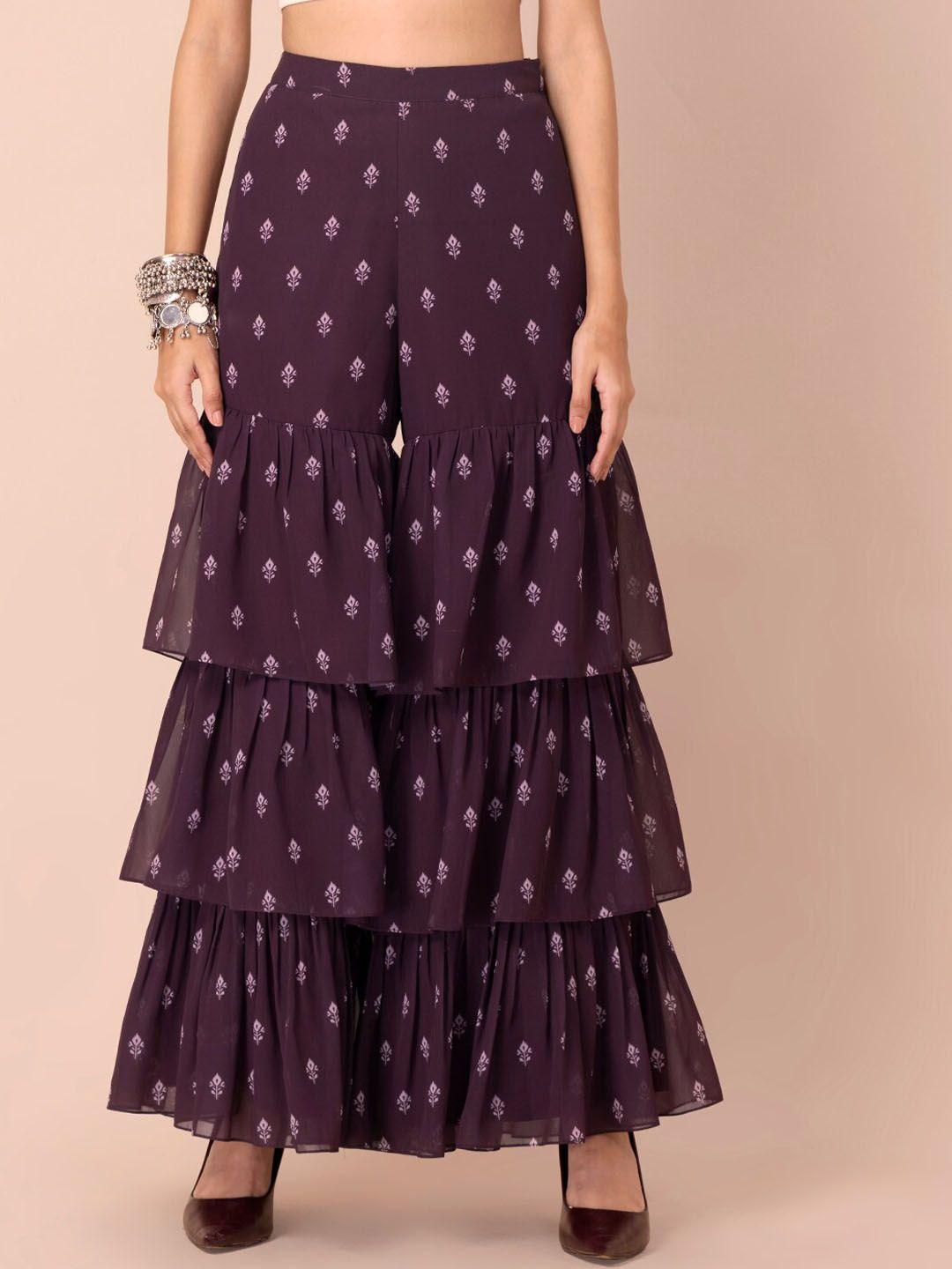 indya women purple ethnic motifs printed pleated trousers