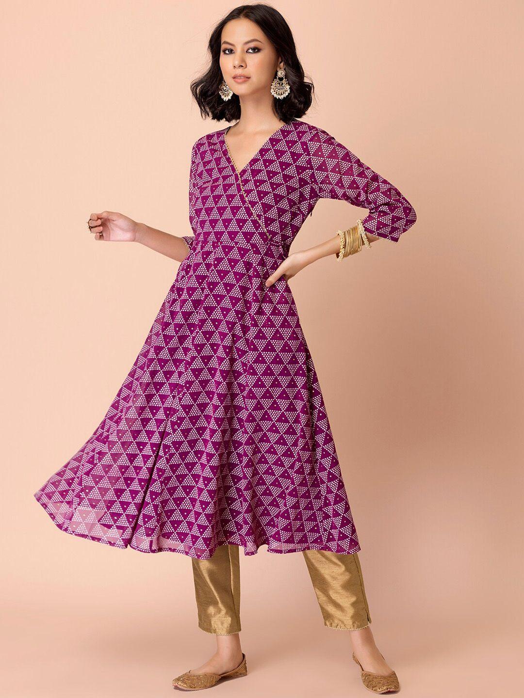 indya women purple geometric printed georgette anarkali kurta