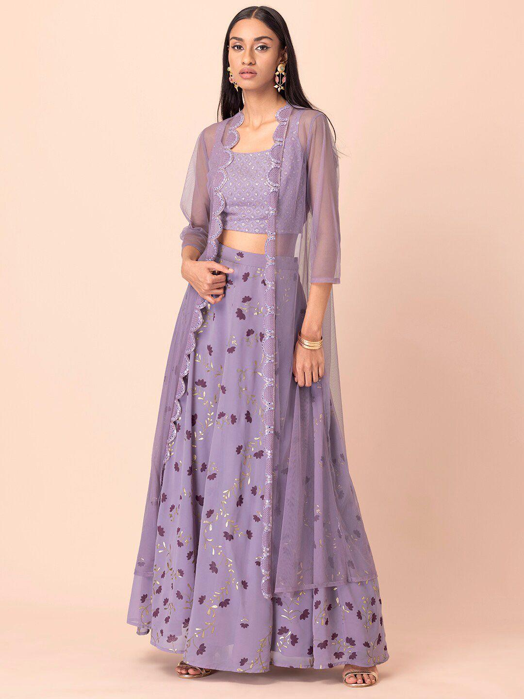 indya women purple party embellished mesh scallop lace shrug