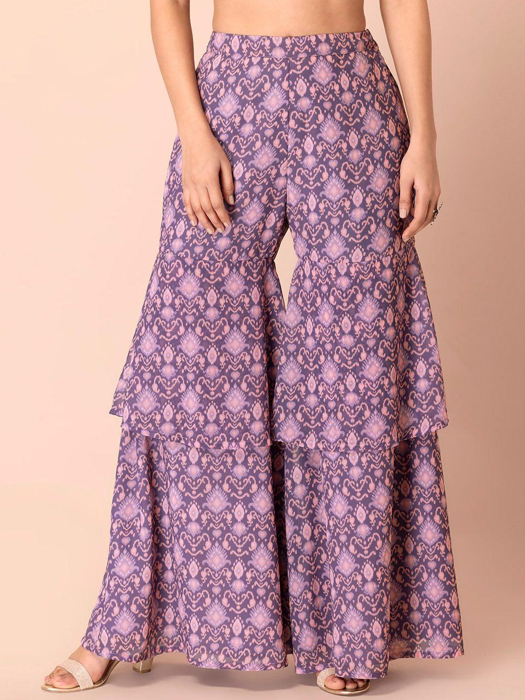 indya women purple printed layered sharara pants