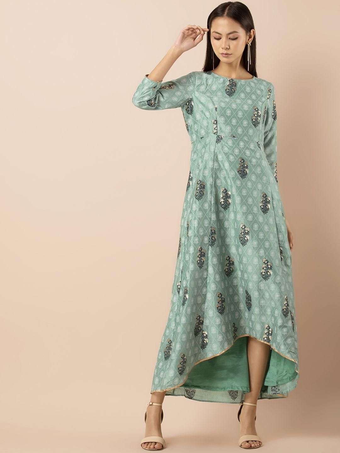 indya women sea green printed ethnic maxi dress