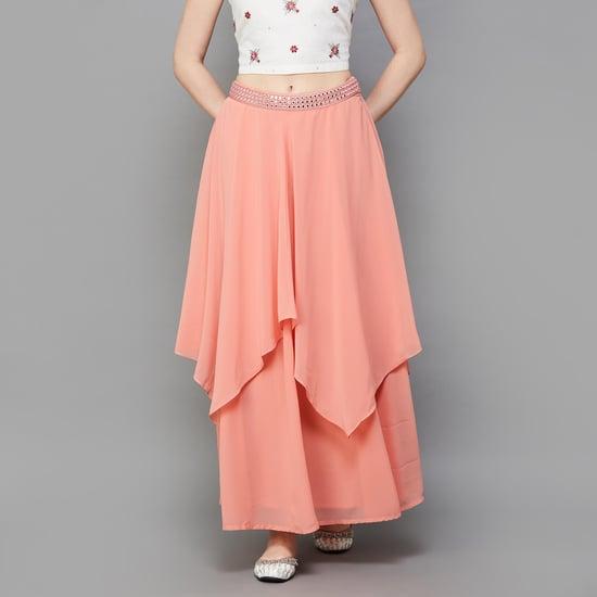 indya women solid layered maxi skirt