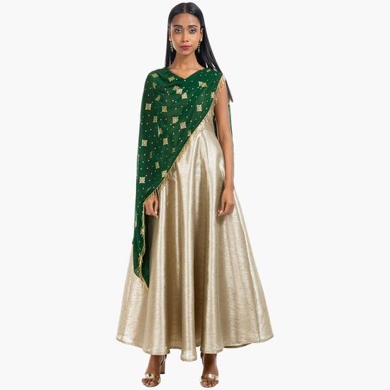 indya women solid maxi tunic with attached embellished dupatta