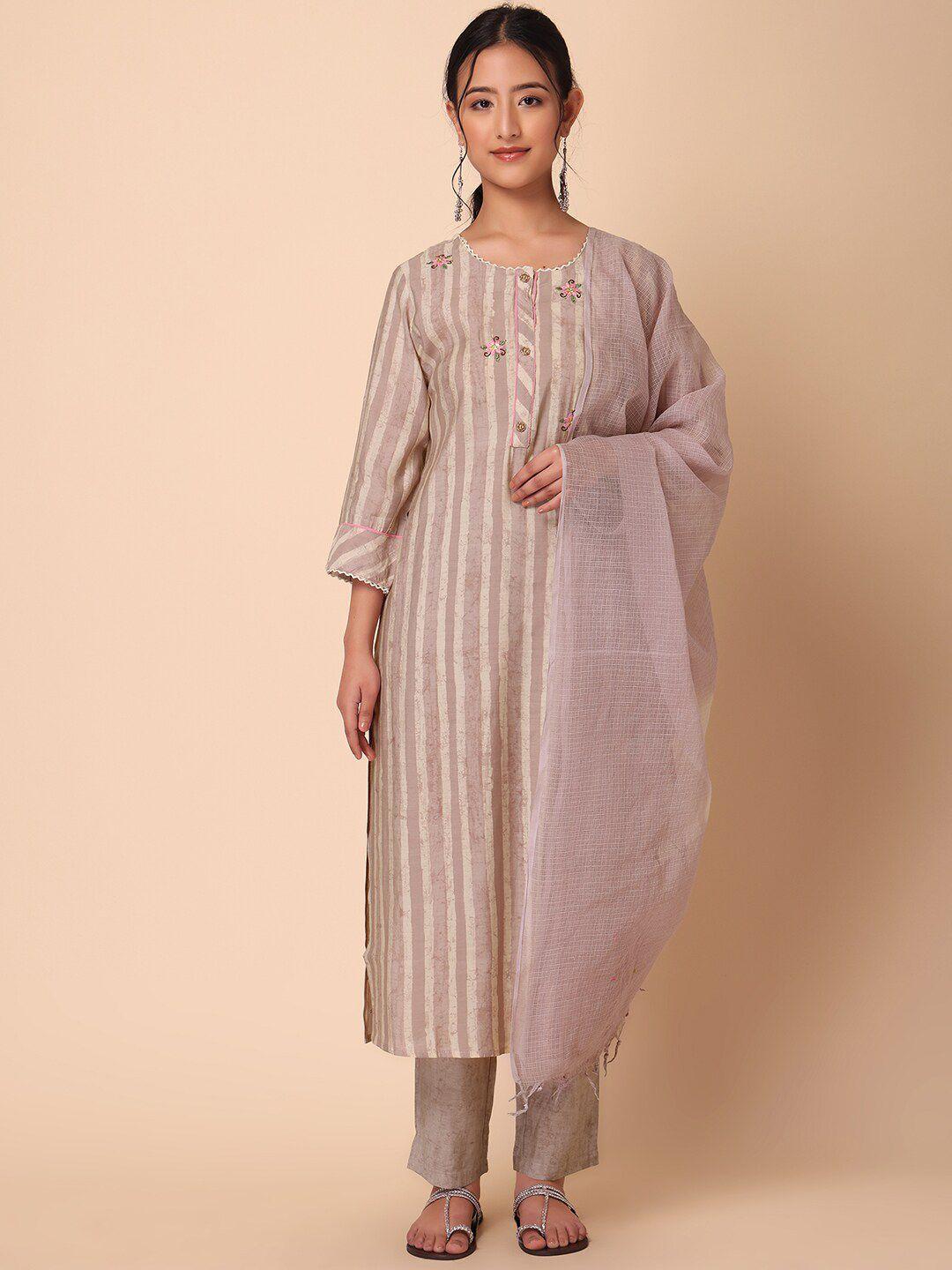 indya women striped printed straight kurta with trouser & dupatta set