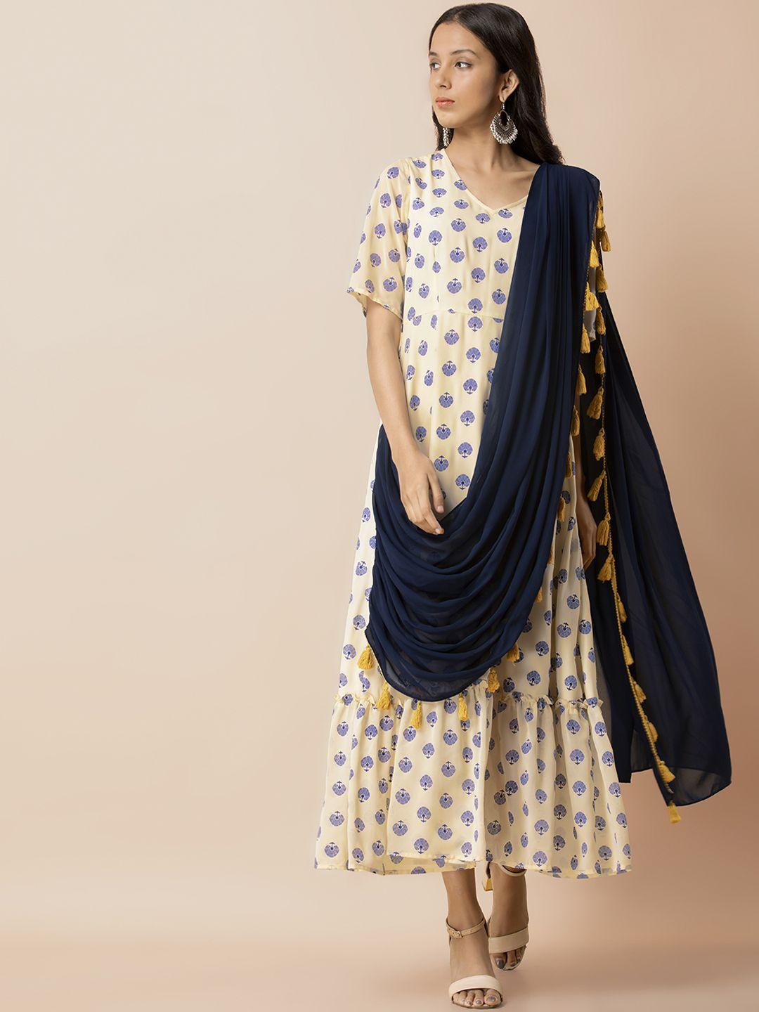 indya women white & navy blue printed maxi dress with attached dupatta