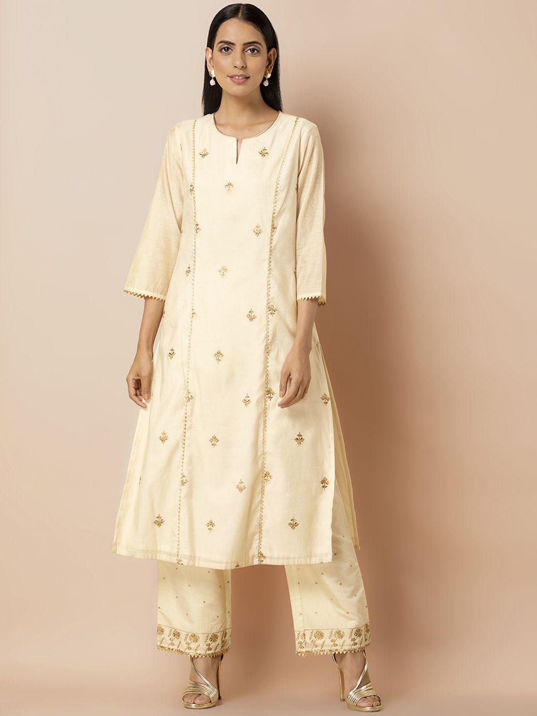 indya women white embroidered straight kurta