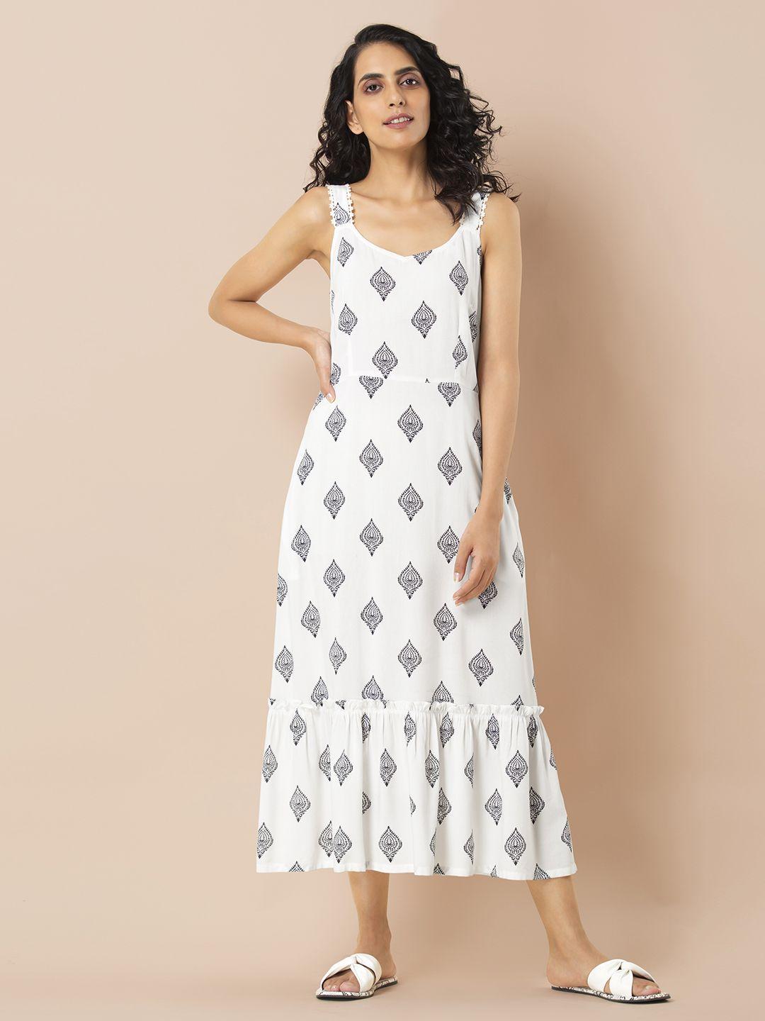 indya women white printed a-line dress