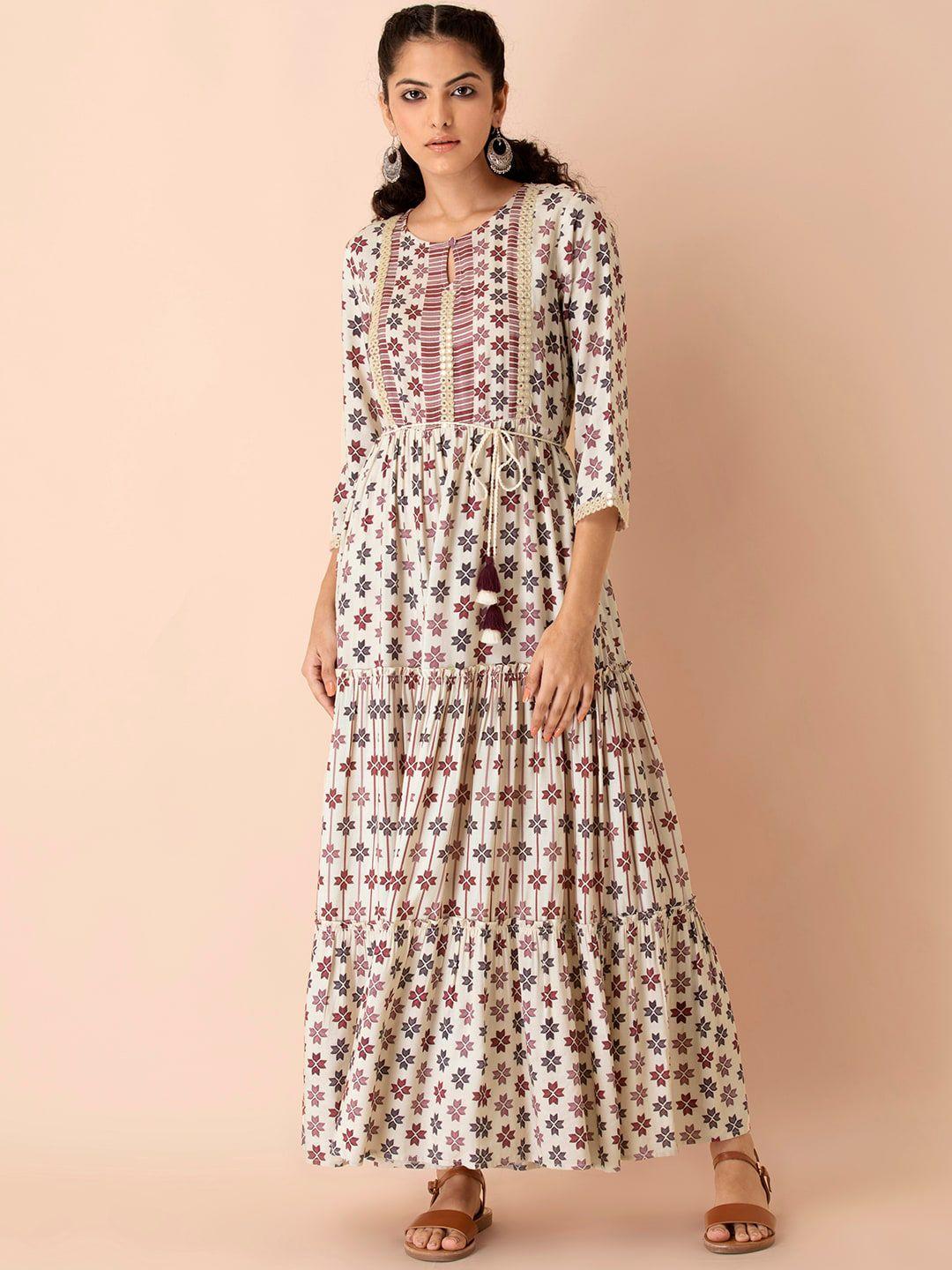 indya women white printed a-line flared kurtas