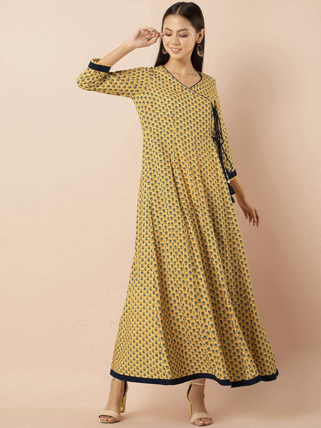 indya women yellow & blue printed ethnic maxi dress