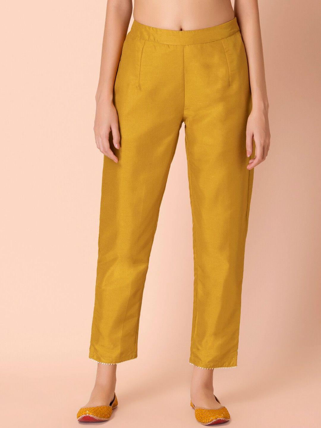 indya women yellow art silk fitted trousers