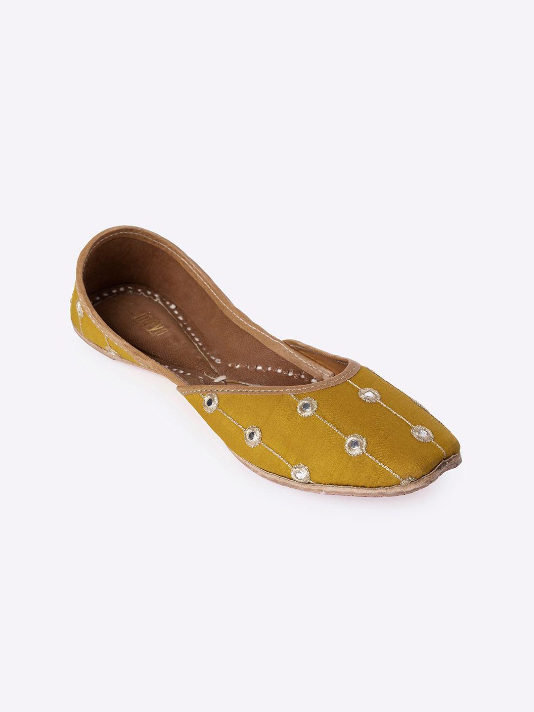 indya women yellow embellished ethnic mojaris flats