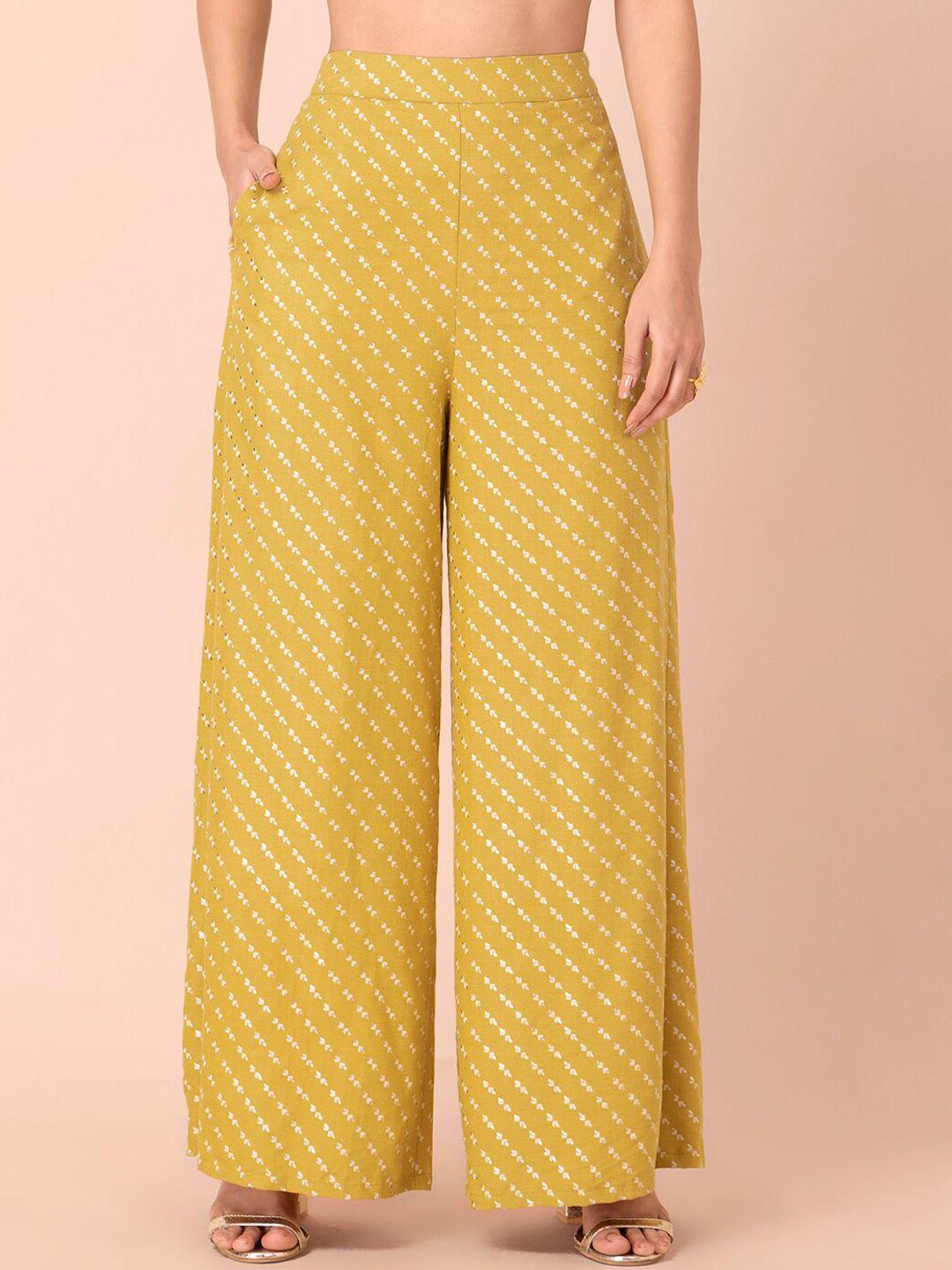 indya women yellow embellished straight fit trousers