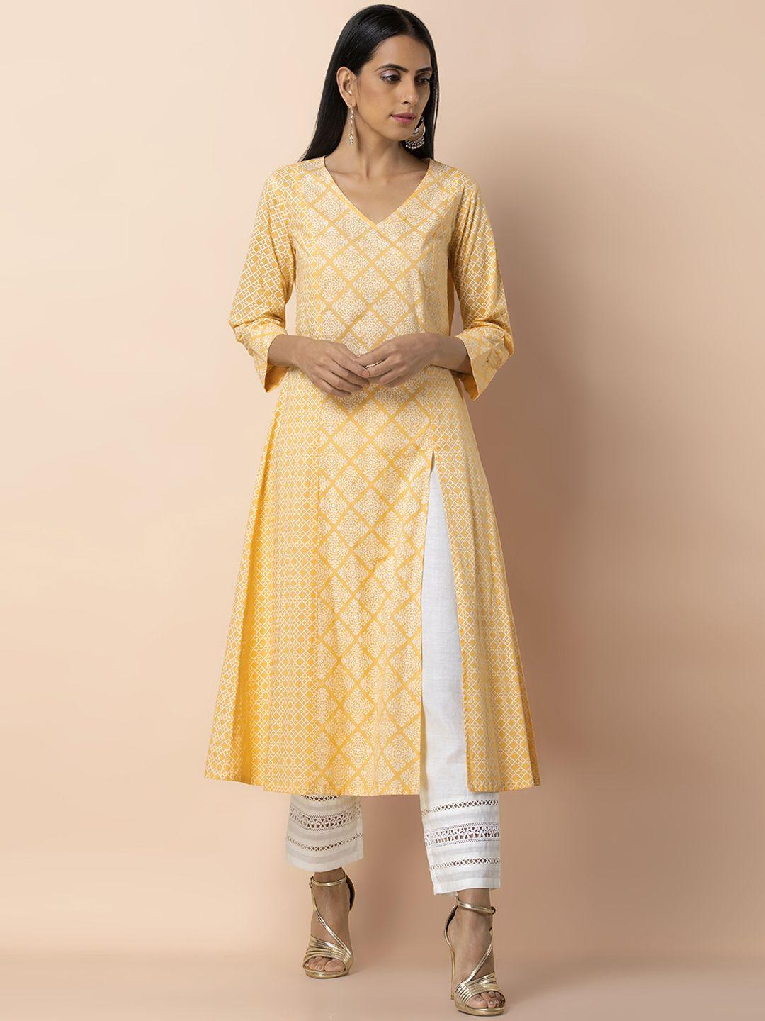 indya women yellow printed a-line kurta