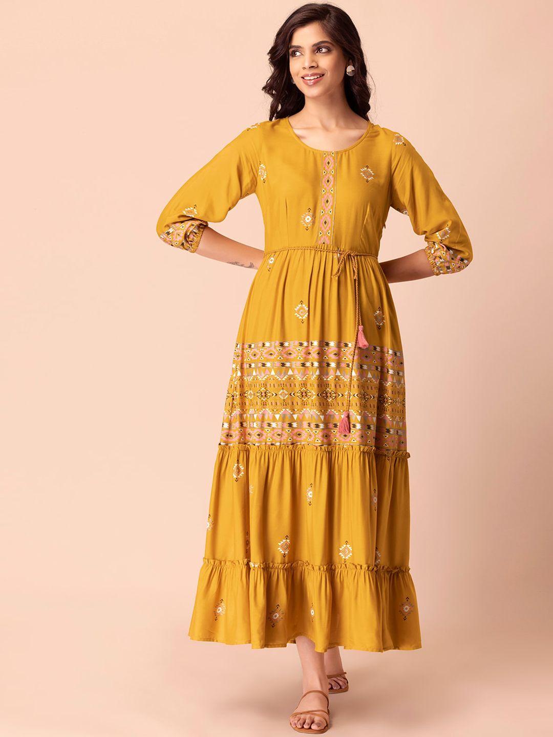 indya women yellow printed a-line maxi kurtas