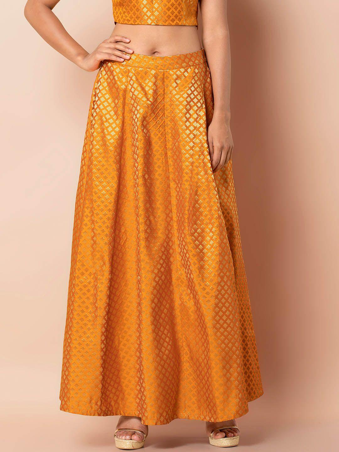 indya women yellow printed banarasi flared maxi skirt