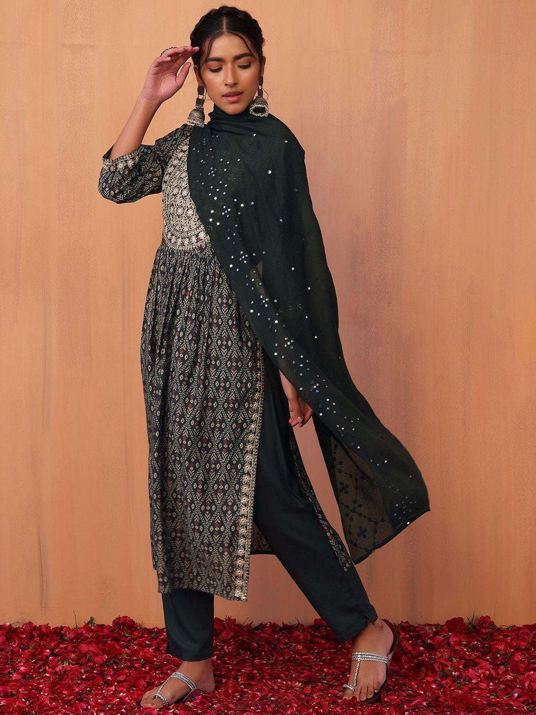 indya women zari embroidered a-line kurta with trouser & dupatta set