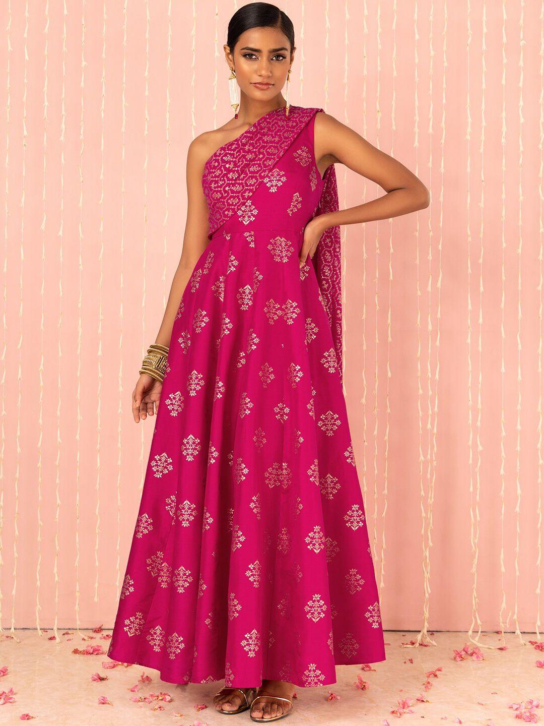 indya x nikhil thampi foil print one shoulder anarkali kurta with attached drape