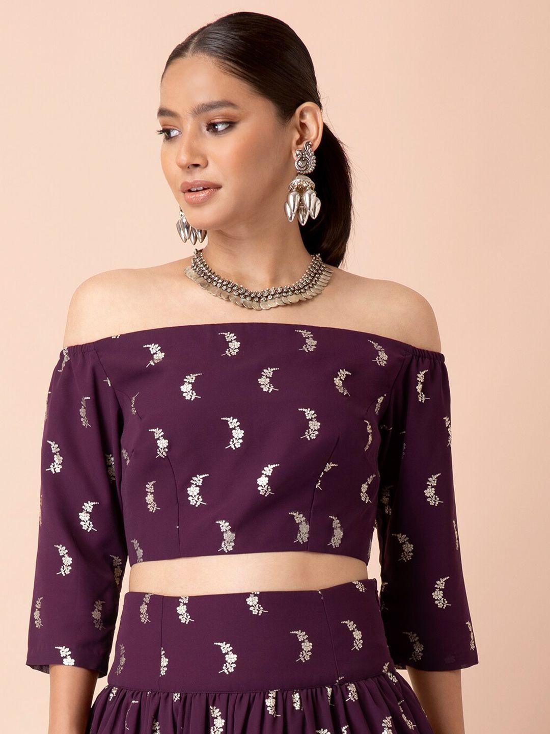 indya x payal singhal purple foil off shoulder crop top