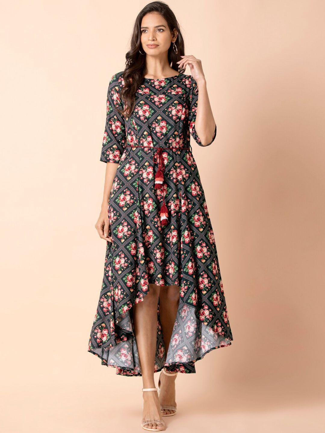 indya x payal singhal women black & red floral flared high low kurta with dori belt