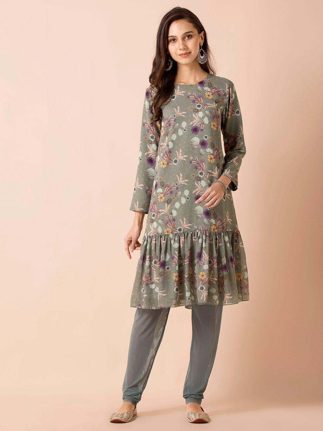 indya x payal singhal women grey floral ruffled kurta