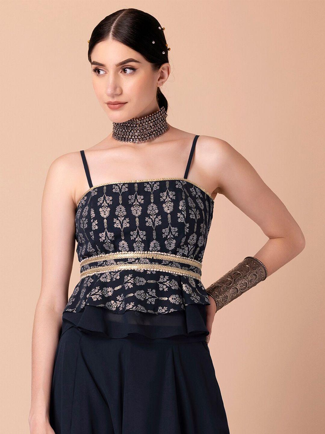 indya x ridhi mehra navy foil strappy peplum top