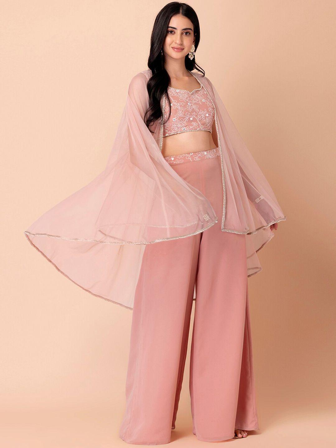 indya x ridhi mehra women pink cape jacket with embroidered top and sharara pants