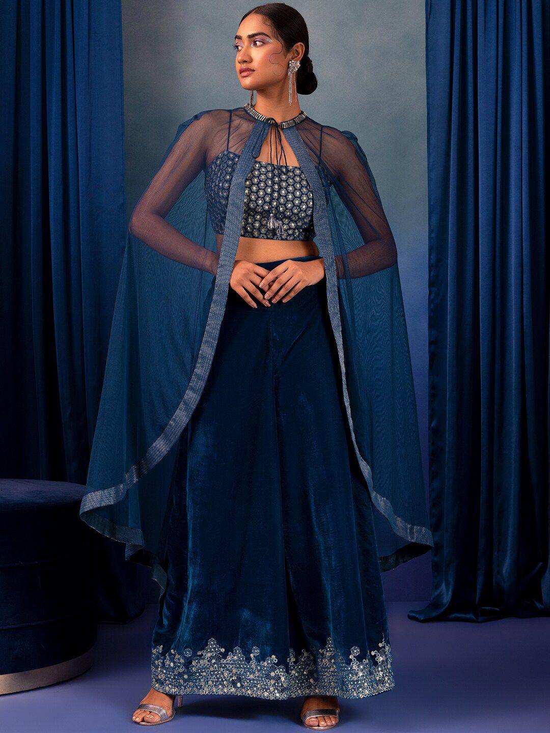 indya x rohit gandhi and rahul khanna embroidered palazzo with crop top & cape jacket