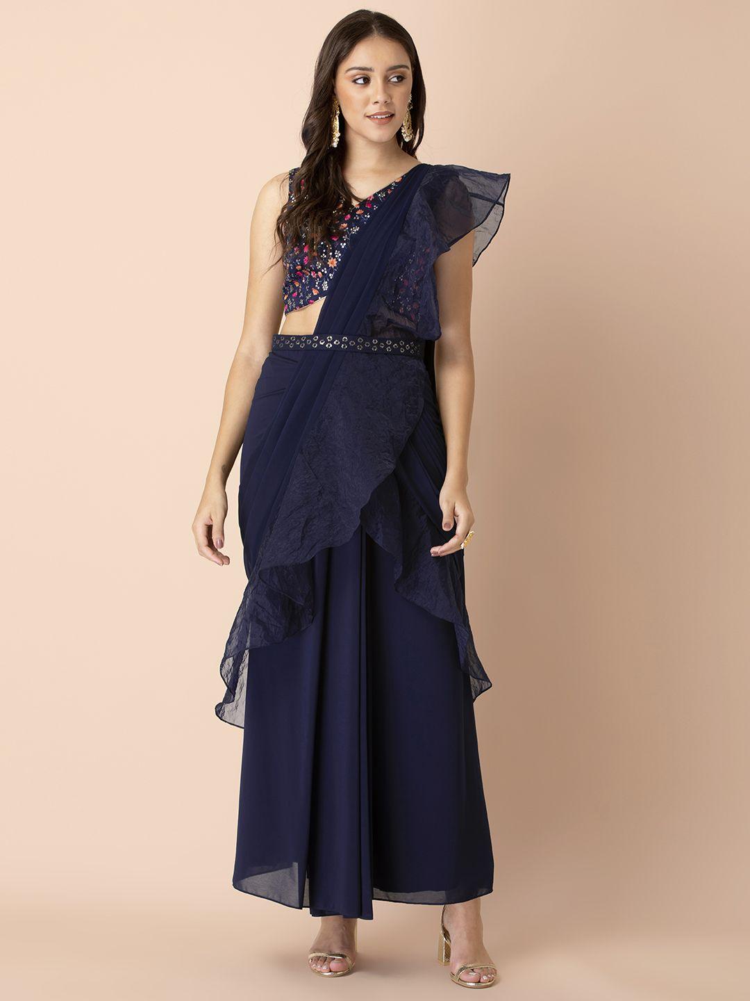 indya x shraddha kapoor blue & gold-toned ruffled ready to wear saree with attached belt