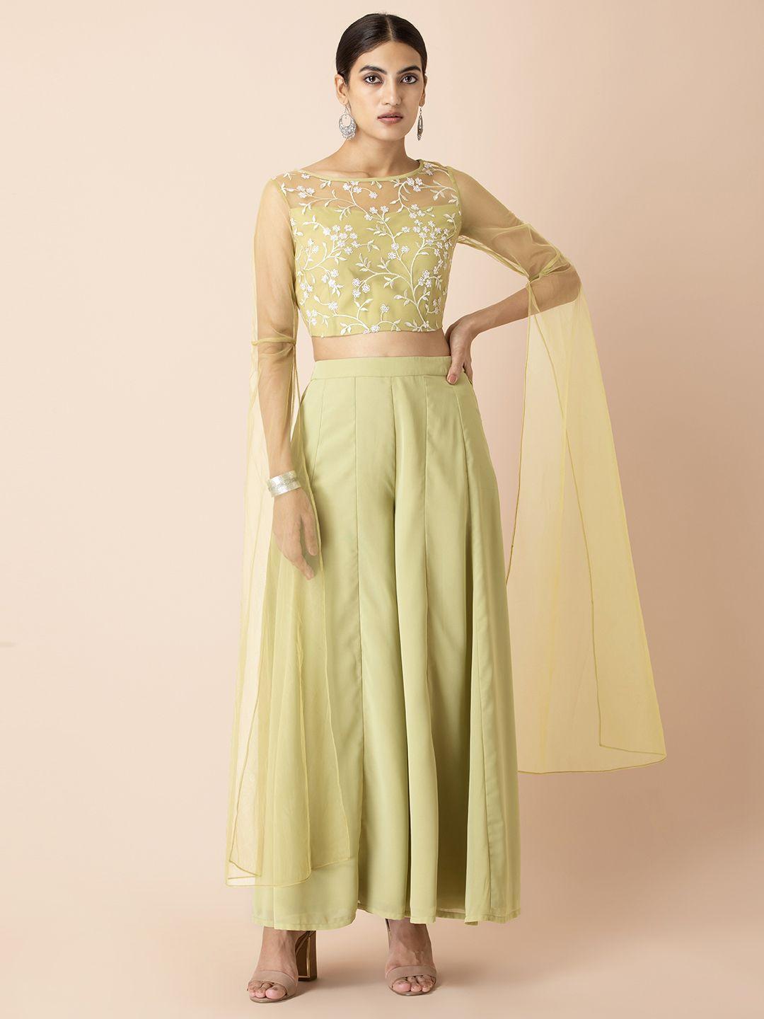 indya x shraddha kapoor green floral embroidered maxi sleeve crop top