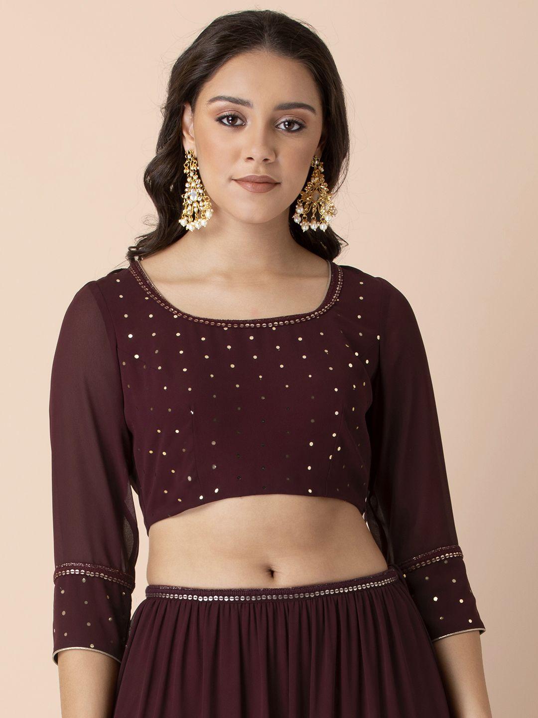 indya x shraddha kapoor maroon embellished polka foil crop top