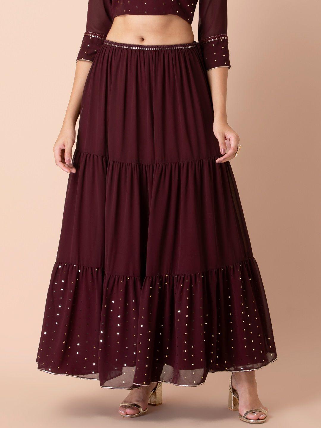 indya x shraddha kapoor women maroon embellished flared maxi skirt