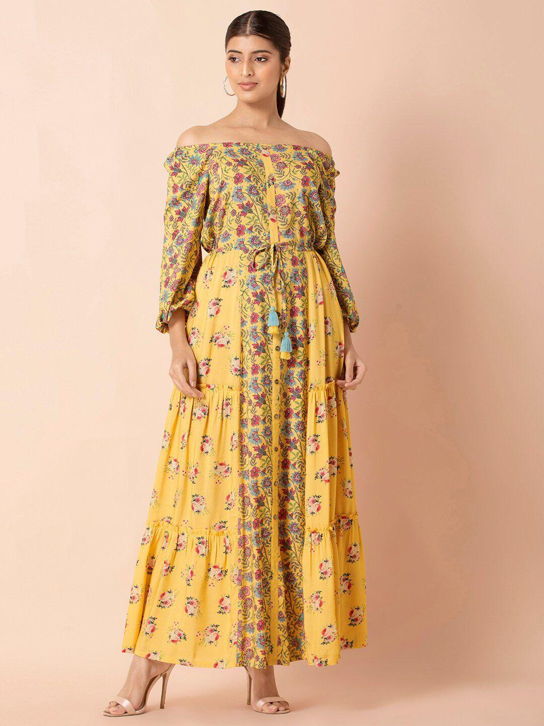 indya yellow & pink floral printed off-shoulder maxi dress