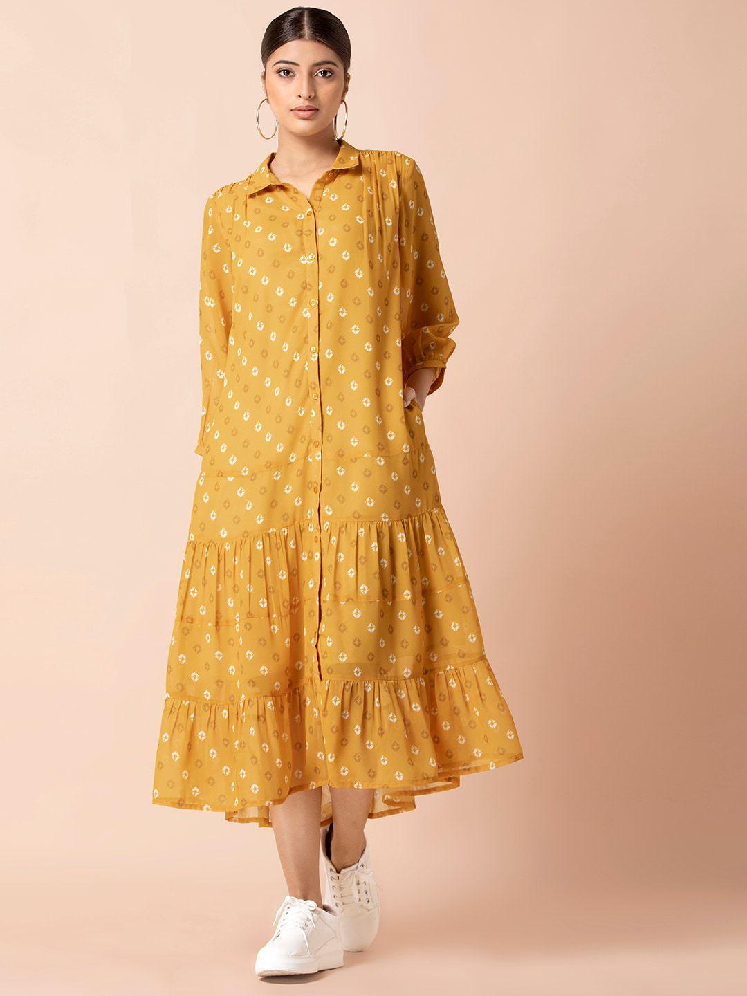 indya yellow ethnic motifs bandhani tiered shirt dress