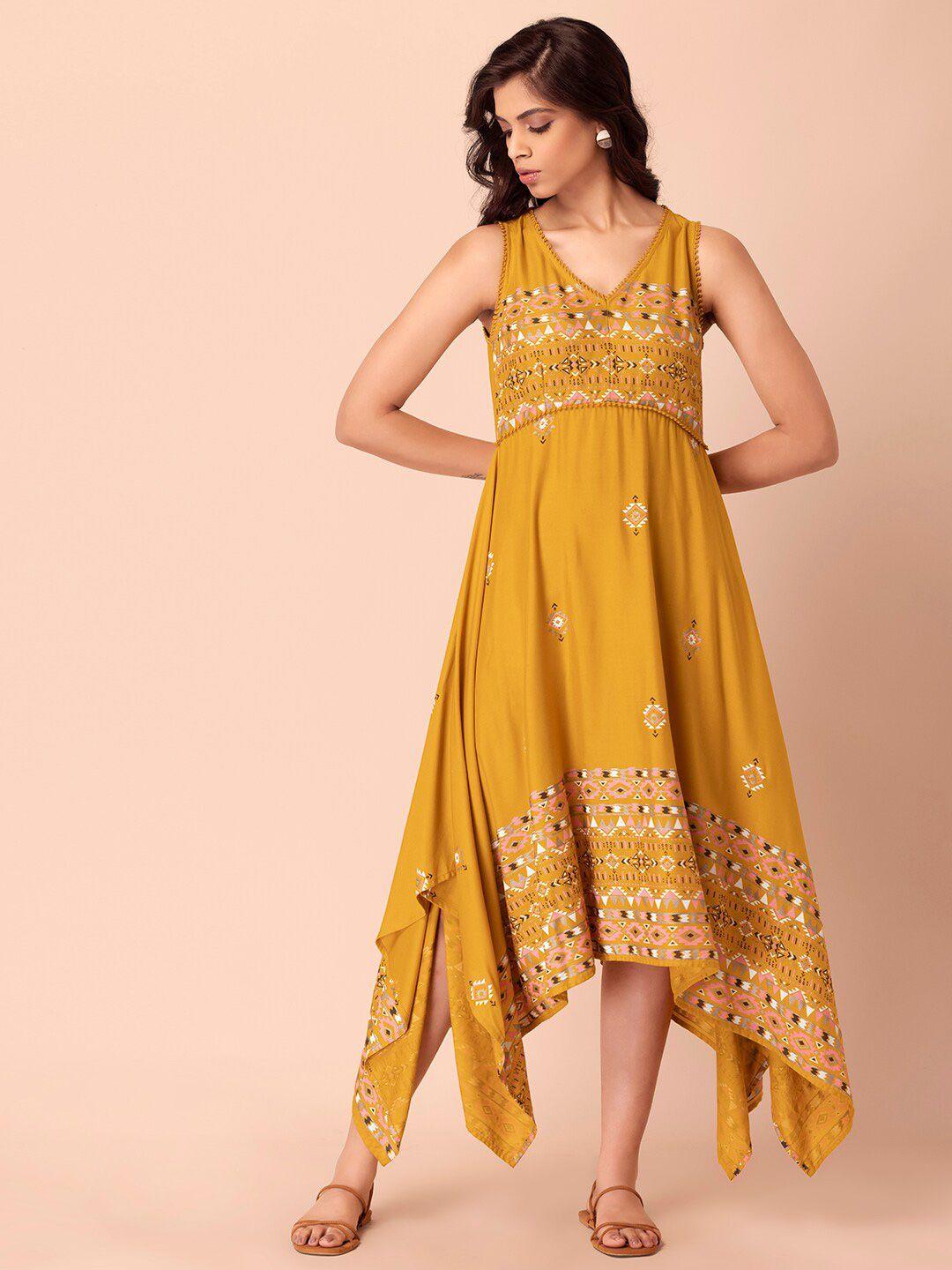 indya yellow ethnic motifs maxi midi dress