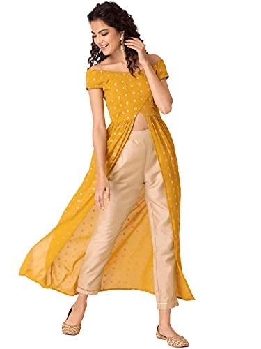 indya yellow foil off shoulder high slit kurta