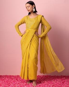 indya yellow leheriya print ready to wear saree with attached blouse and belt (set of 2) saree