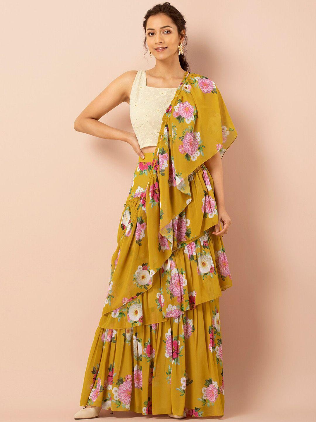 indya yellow printed poly georgette floral georgette frilled saree skirt